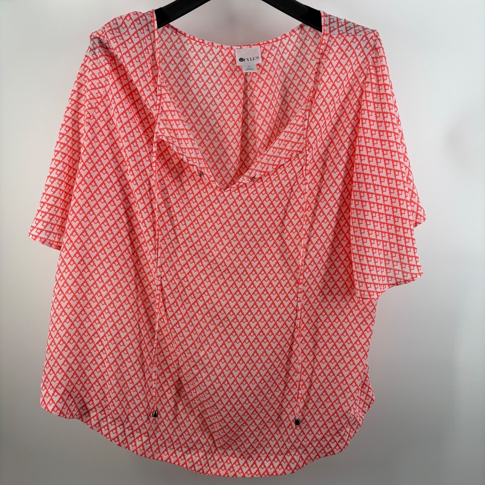 Coral Boho Indie Geometric V-Neck Flowy Coquette Top‎ women's XL